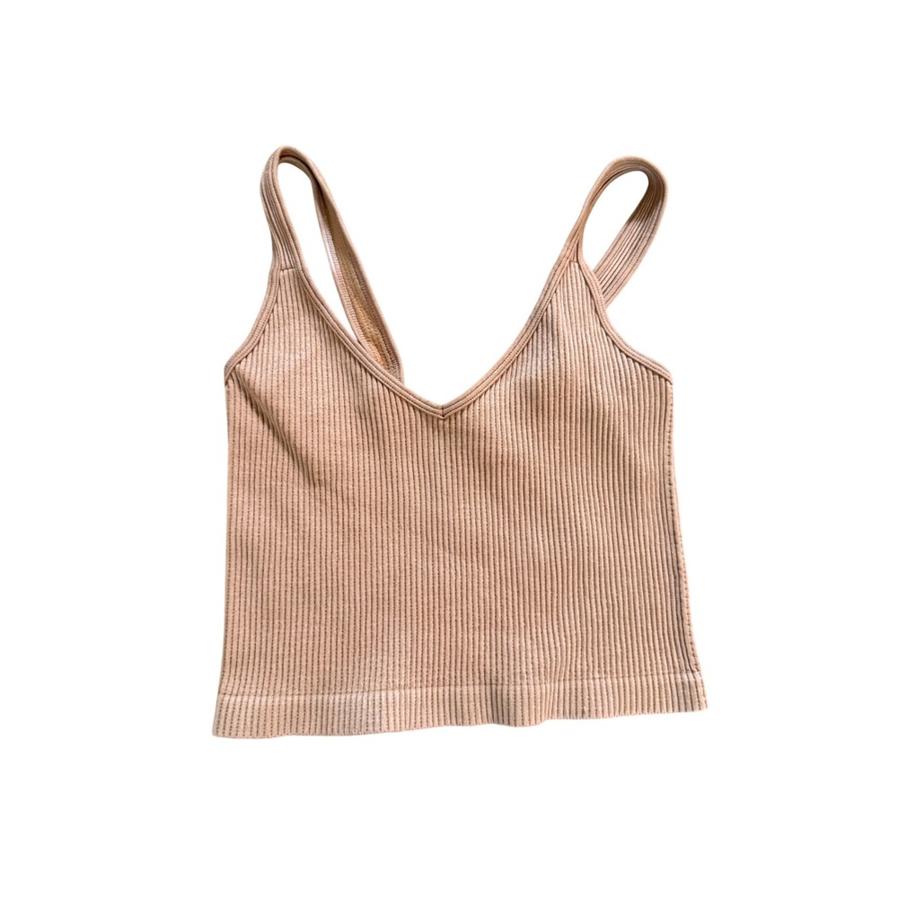 Bella Seamless Ribbed V‎ Neck Cami Crop Top Tan Nude YS8107 Small